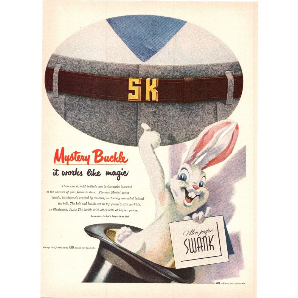 1950 Swank Belt White Rabbit Magician's Tophat Vintage Print Ad 50s Wall Art